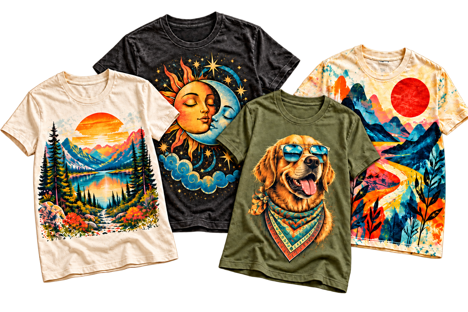Four colorful graphic T-shirts showcasing a range of creative styles