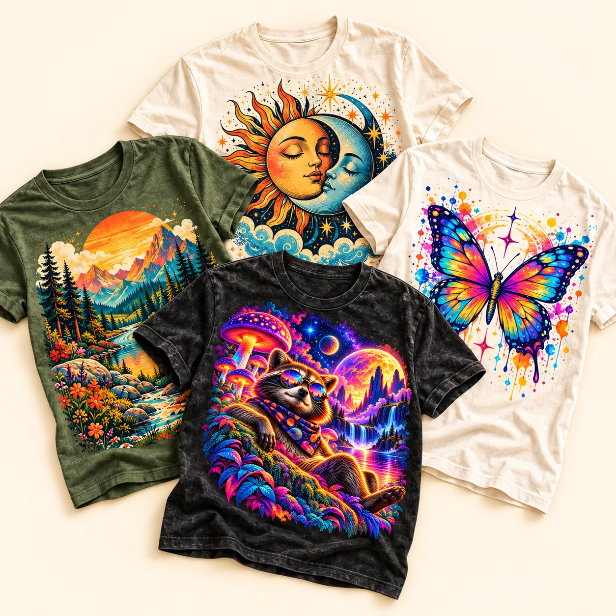 A colorful flat lay of four Technodelic Tees designs arranged for the All Tees collection