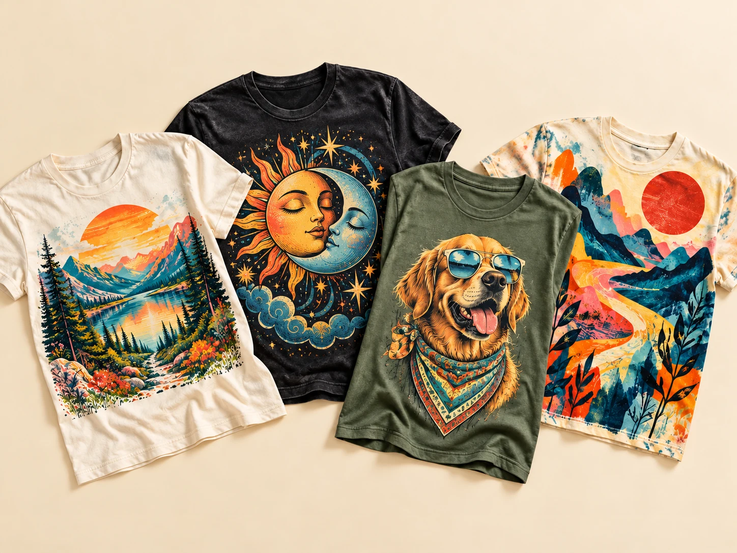Four colorful graphic T-shirts arranged on an ivory flat lay