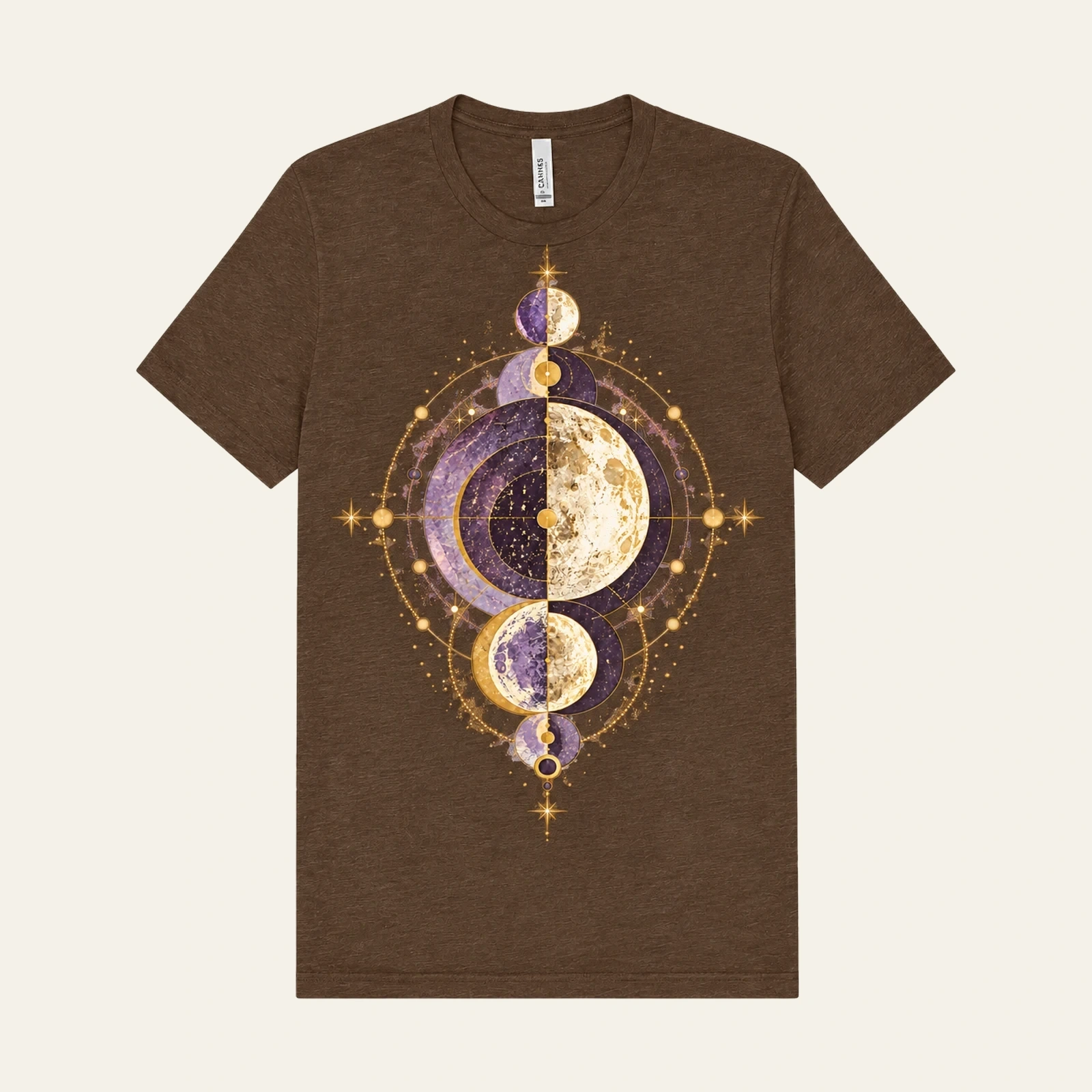Lunar Drift original design on a Heather Brown tee