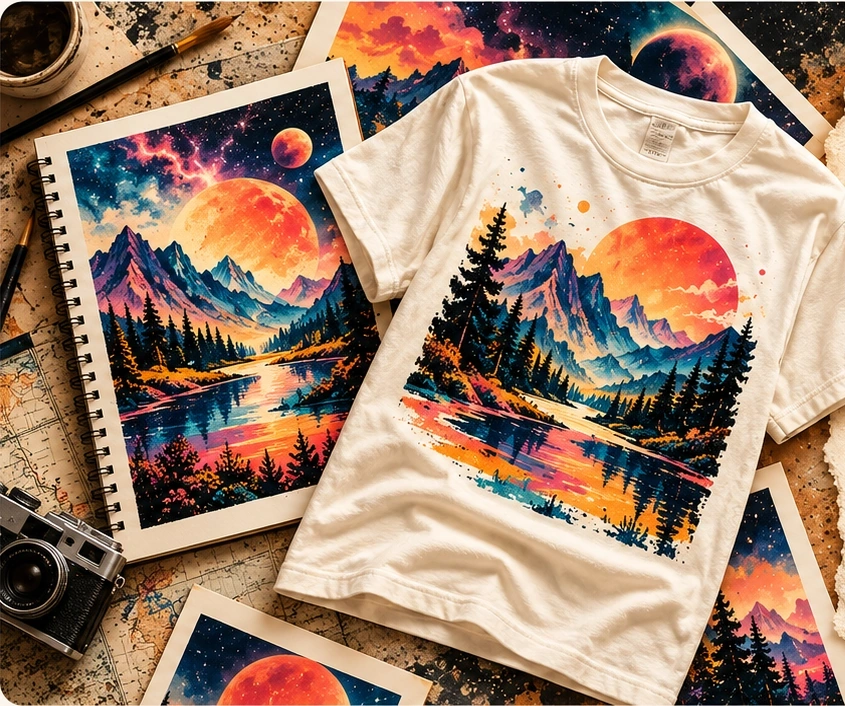 Original Technodelic artwork: landscape T-shirt surrounded by colorful prints and sketches