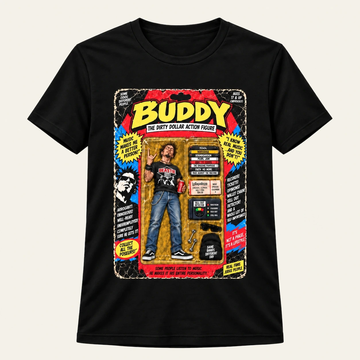Black graphic tee with the satirical Dirty Dollar action-figure artwork