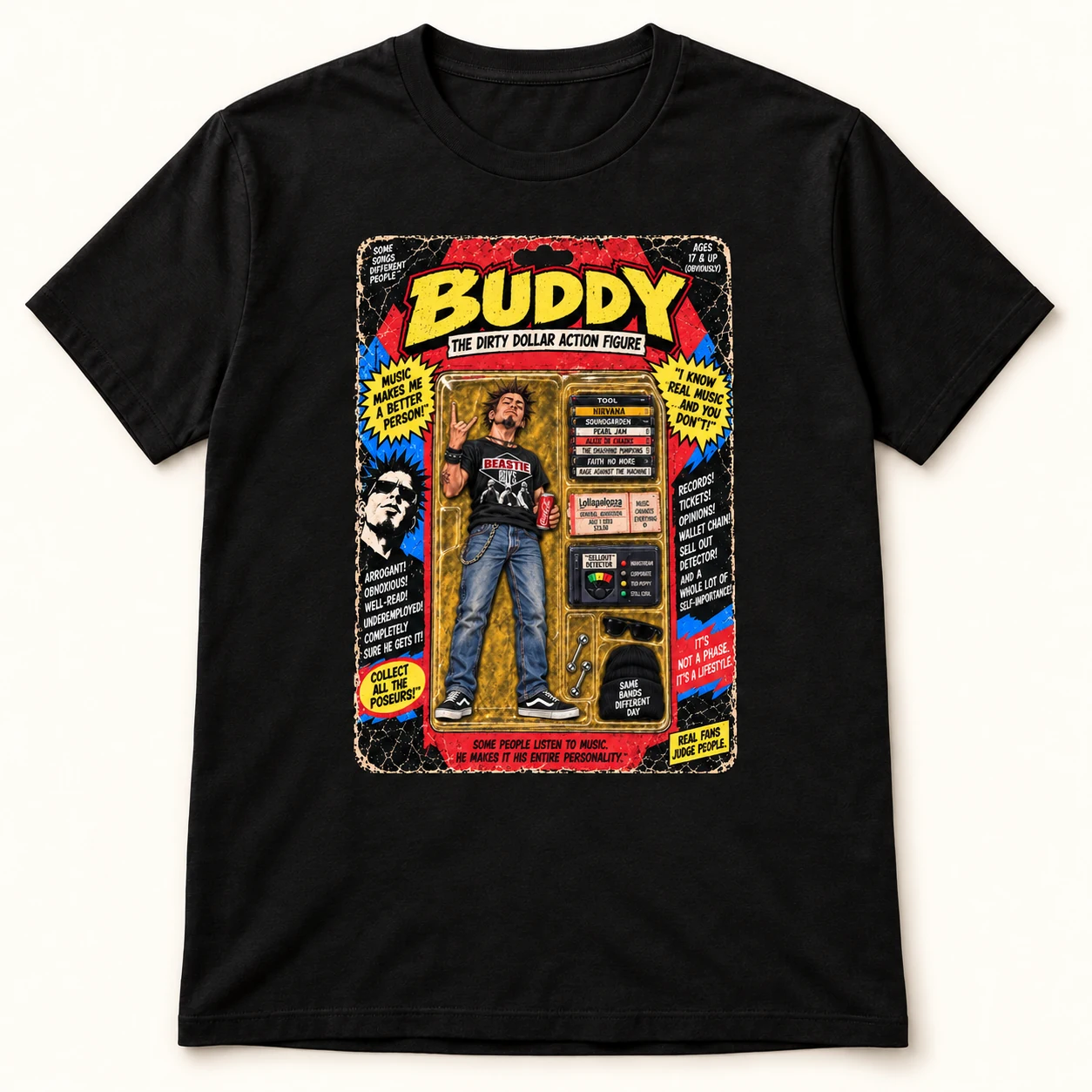 Black tee displaying satirical Buddy: The Dirty Dollar Action Figure graphic