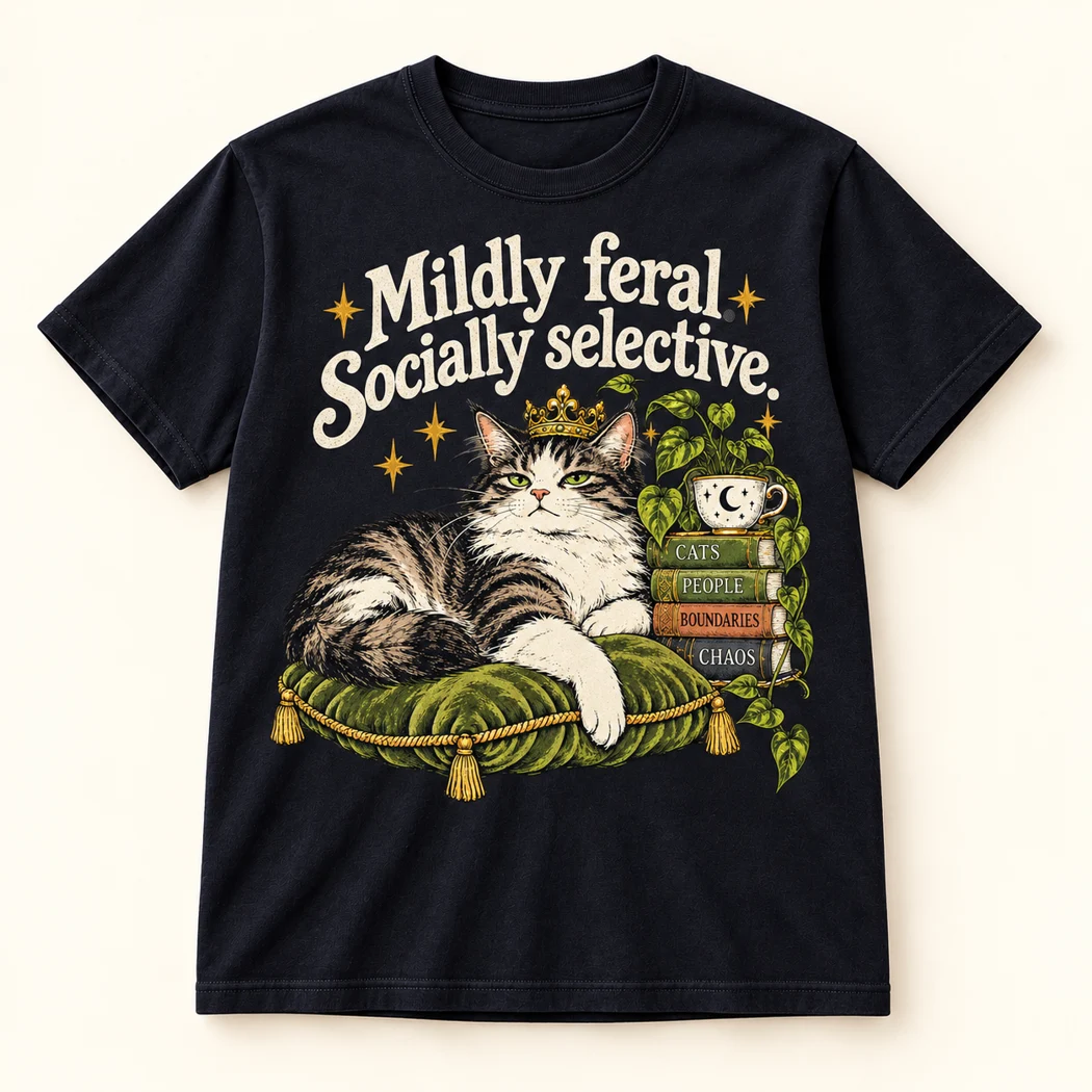 Black tee with crowned cat and Mildly Feral Socially Selective graphic