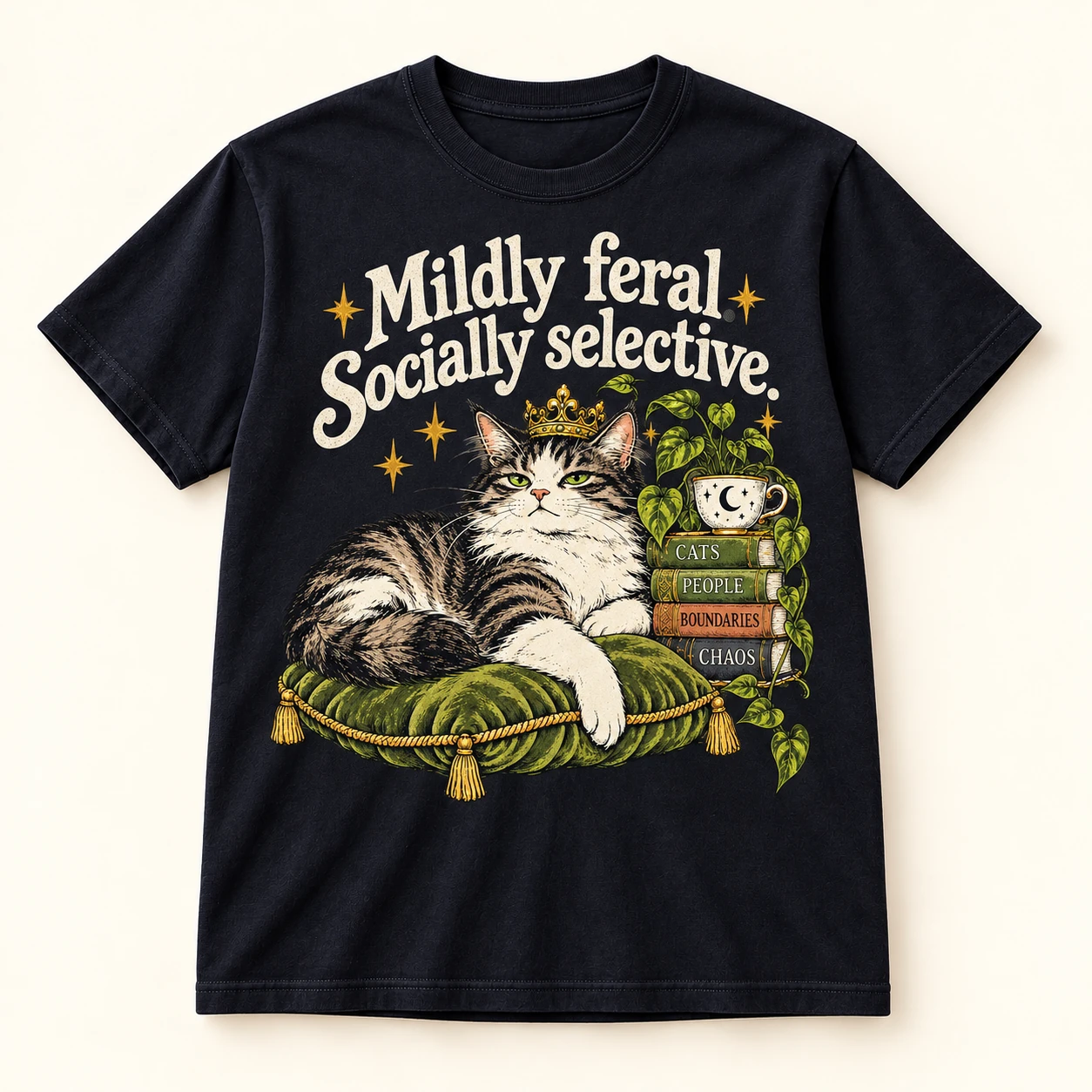Mildly Feral Socially Selective artwork with a regal cat wearing a crown