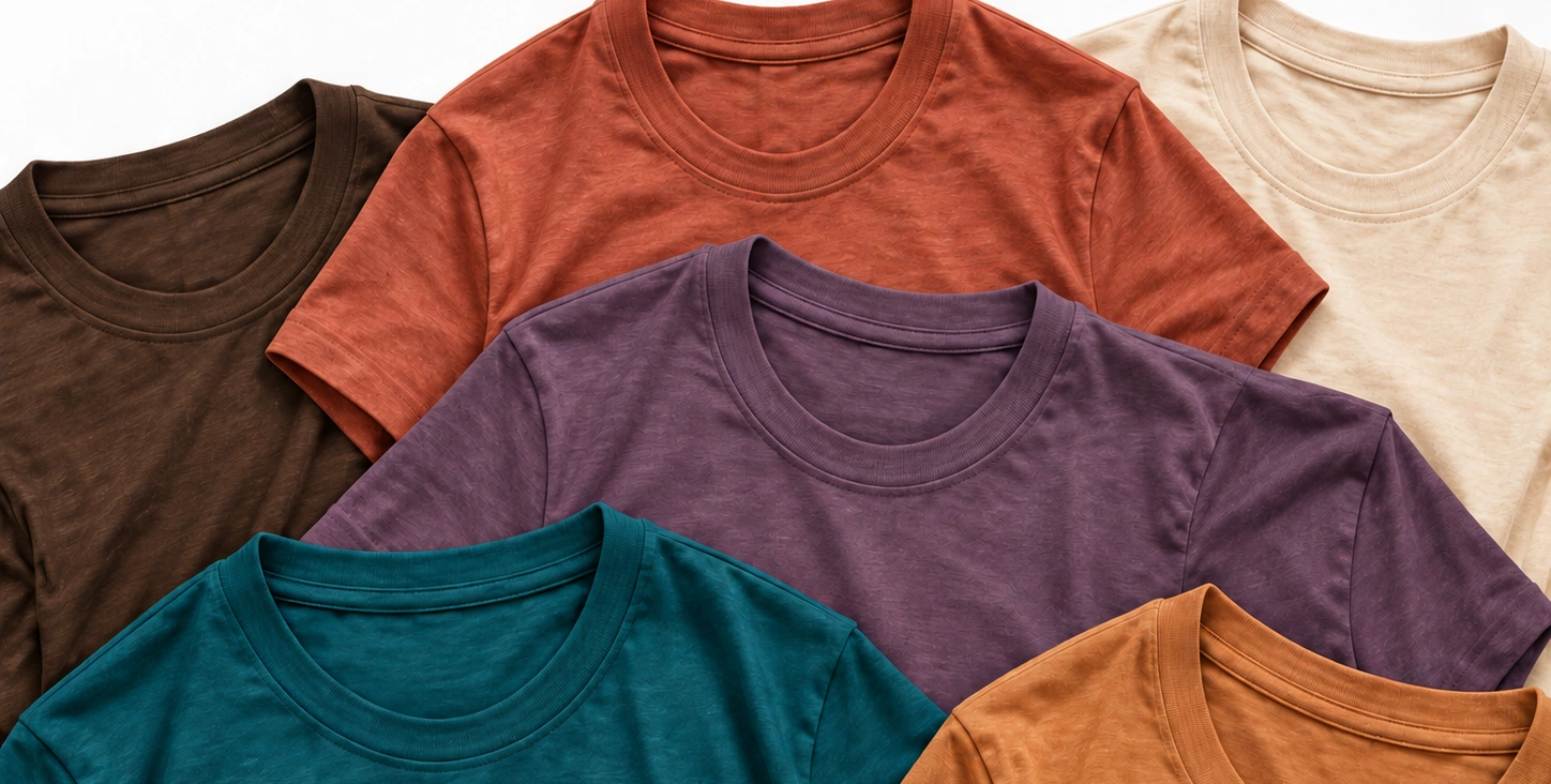 Five overlapping blank tees in Heather Brown, clay, muted purple, teal and warm ochre on a white background