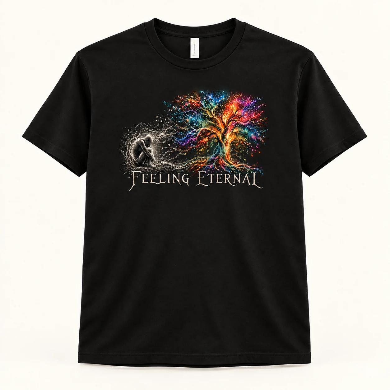 Black Bella+Canvas tee featuring the Feeling Eternal rainbow tree artwork