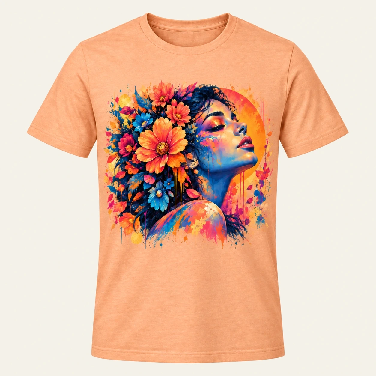 Orange Bella+Canvas tee featuring a vibrant floral portrait graphic