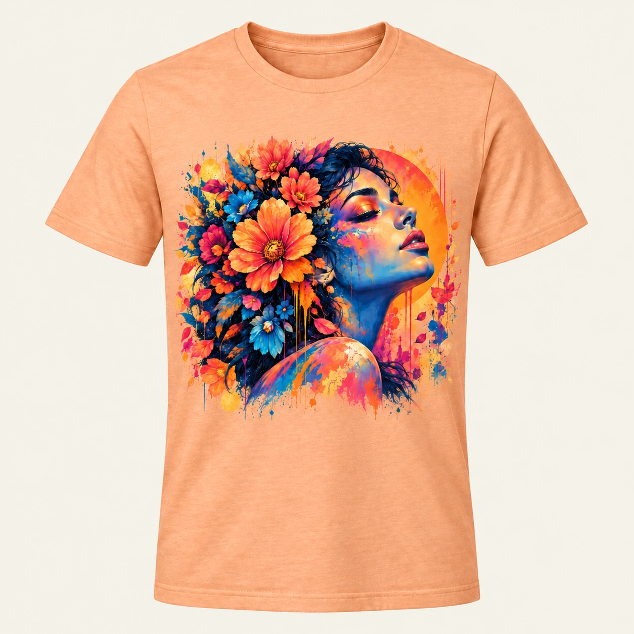 Orange Bella+Canvas tee featuring a vibrant floral portrait graphic