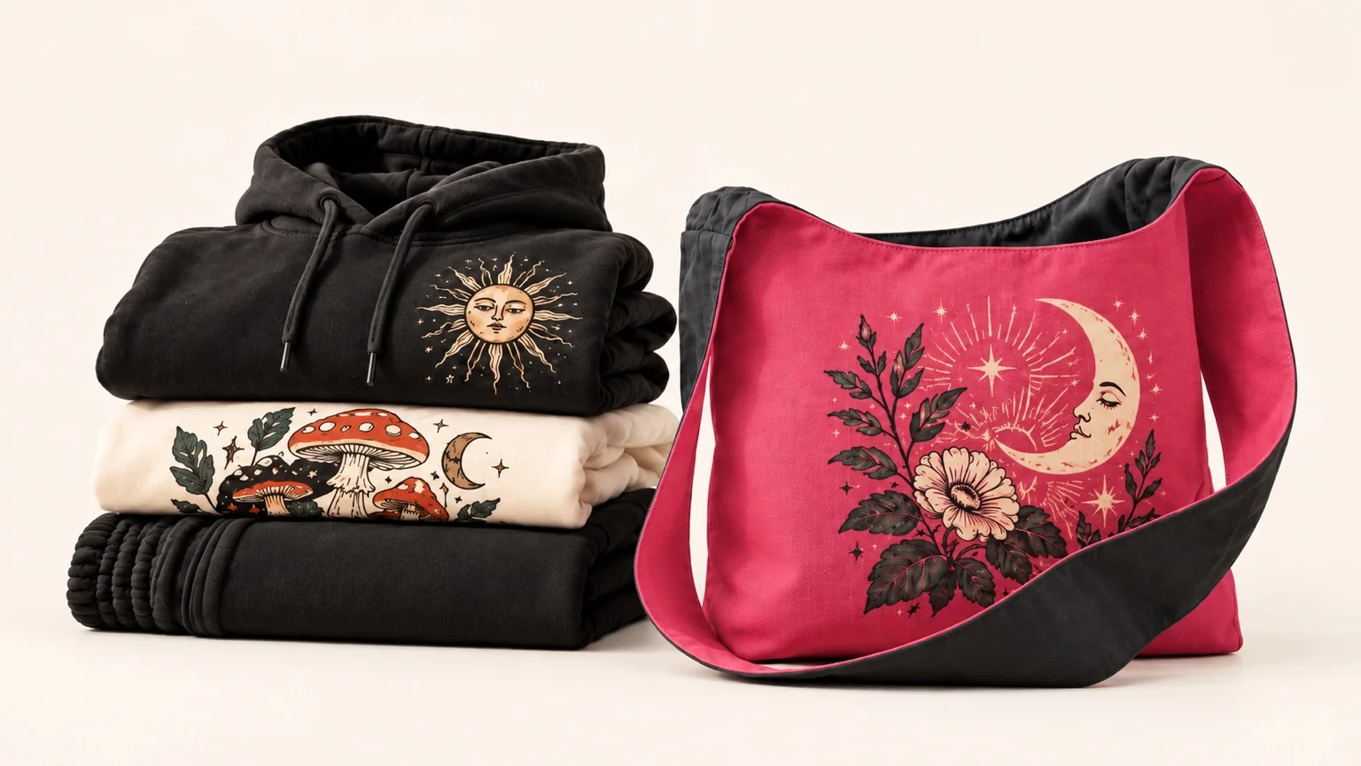 A folded stack of a black hoodie, cream tee and black joggers beside a canvas sling bag, each printed with sun, moon and mushroom artwork