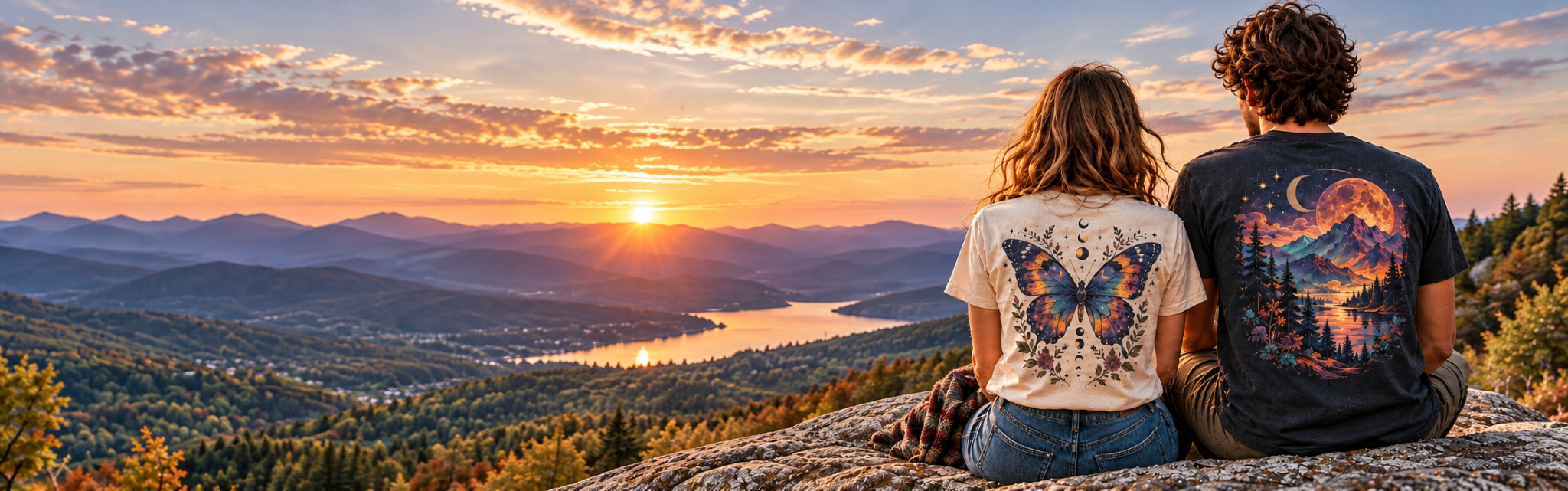 Two friends in graphic tees looking across a golden autumn valley at sunset