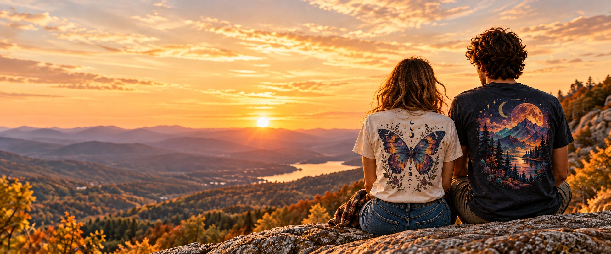 Two friends in graphic tees looking across a golden autumn valley at sunset