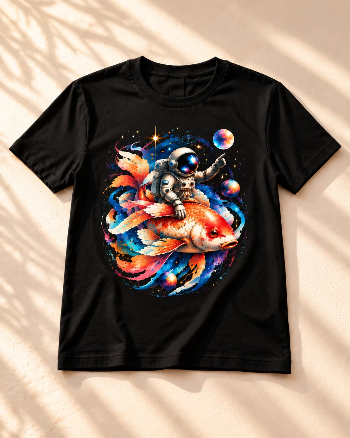 Black T-shirt with a colorful Koi Astronaut design printed on the front