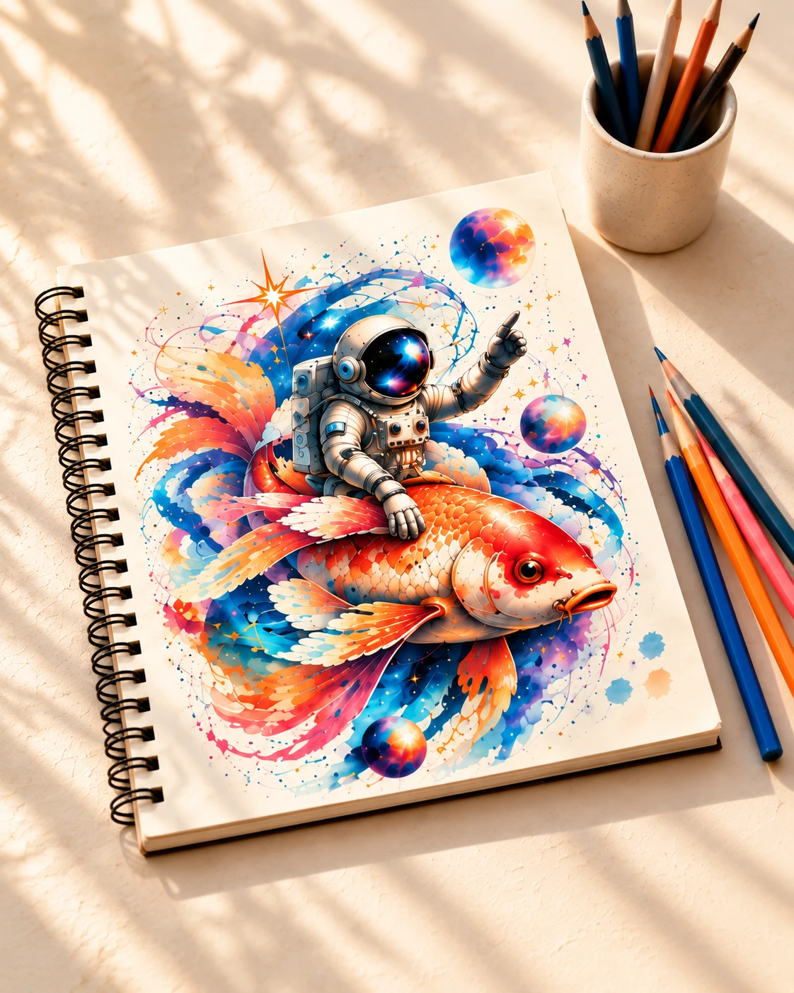 Koi Astronaut graphic art sketched in a notebook with drawing pencils