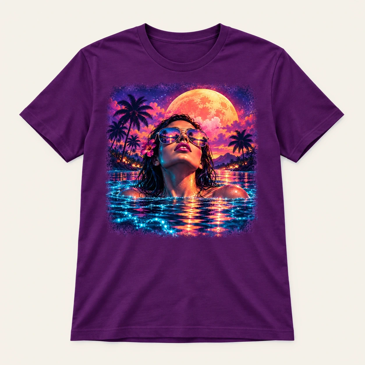 Purple Bella+Canvas tee featuring a moonlit tropical lagoon portrait graphic