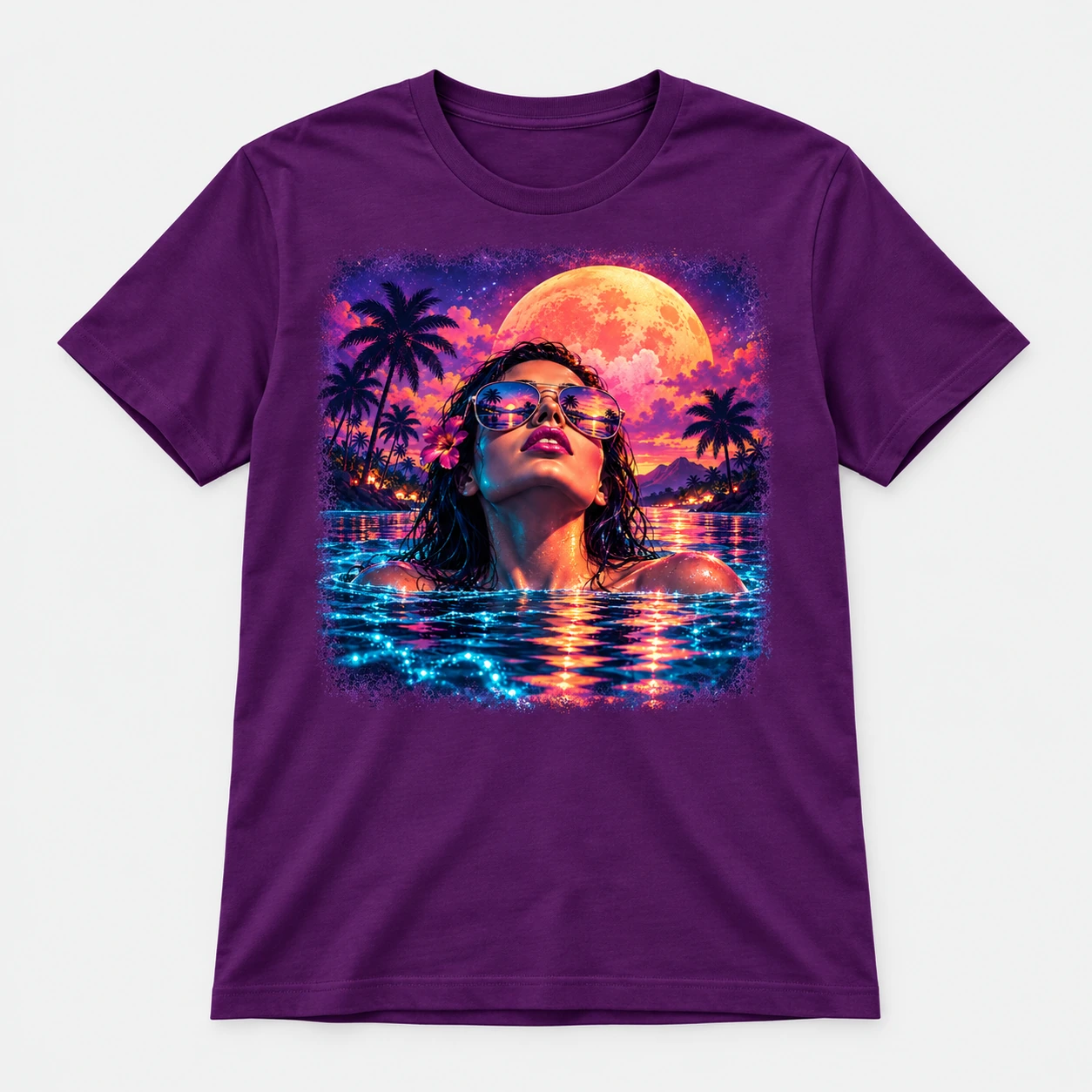 Purple Bella+Canvas tee featuring a moonlit tropical lagoon portrait graphic