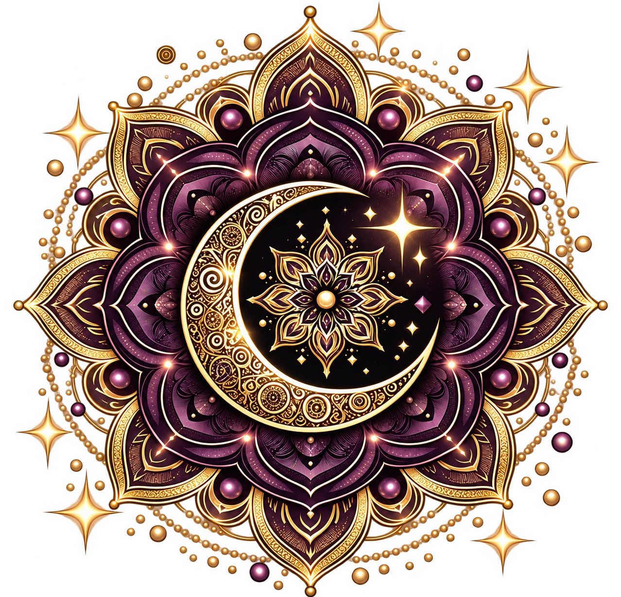 Ornate gold and plum celestial moon mandala artwork