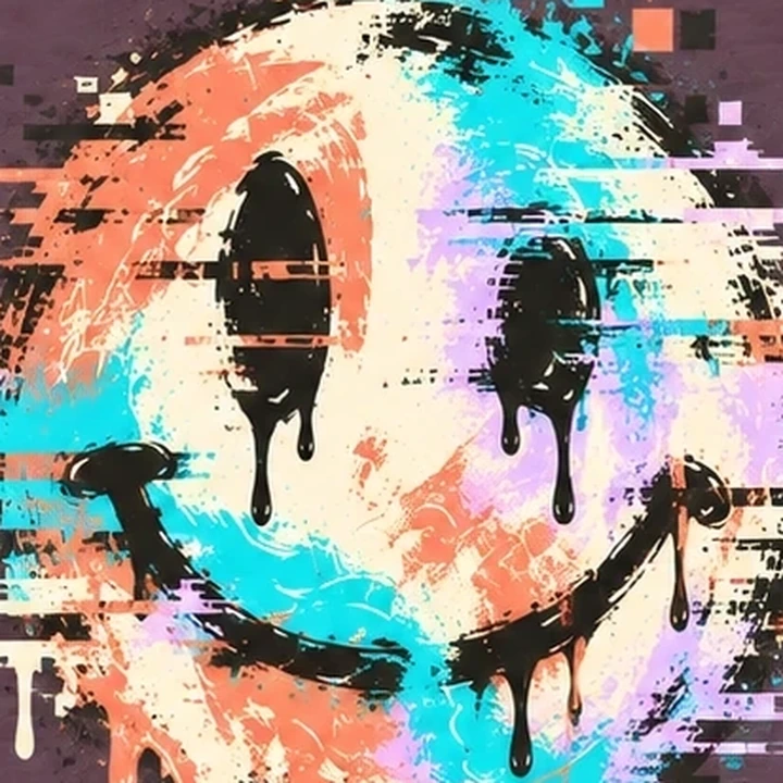 Close-up of Good Times artwork printed on Purple Storm