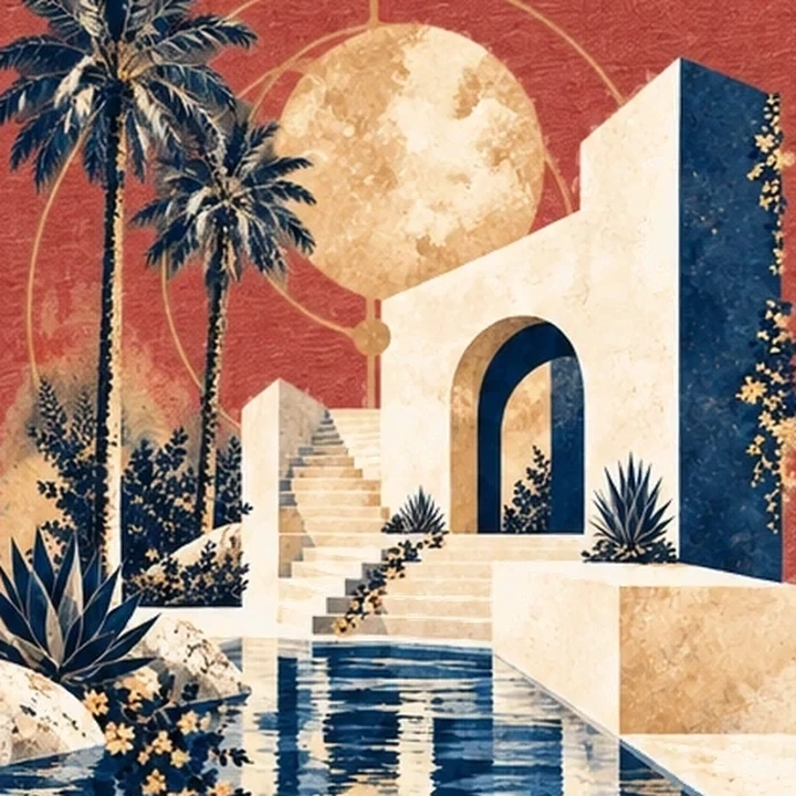 Close-up of Pool Hours artwork printed on Heather Clay